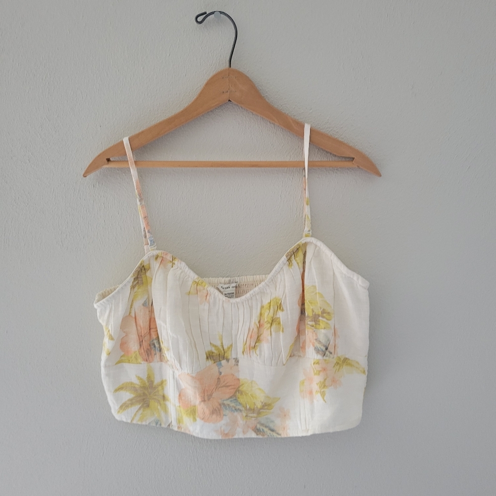 American Eagle Tropical Dainty Floral Hawaiian White Crop Top Size XL